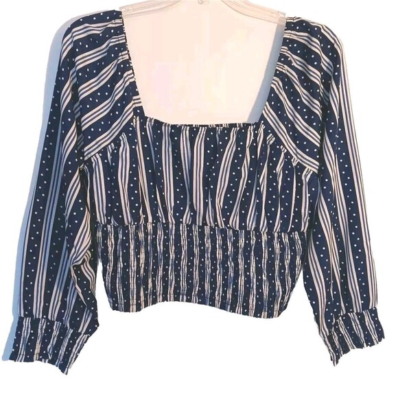 Mileage Tops - Women's Size 1X Navy/White Romantic Boho Crop Top w/Smocking and Puff Sleeves